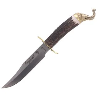 Značkový MUELA 160mm čepel, rukojeť z jeleního parohu, mosazná záštita a hlavice ve tvaru sloní hlavy ELEPHAN